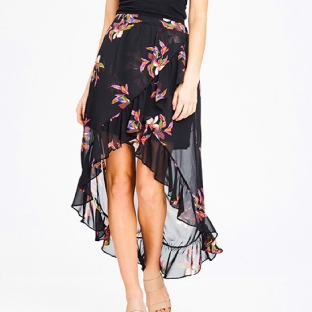 Black floral printed skirt with ruffles on hem